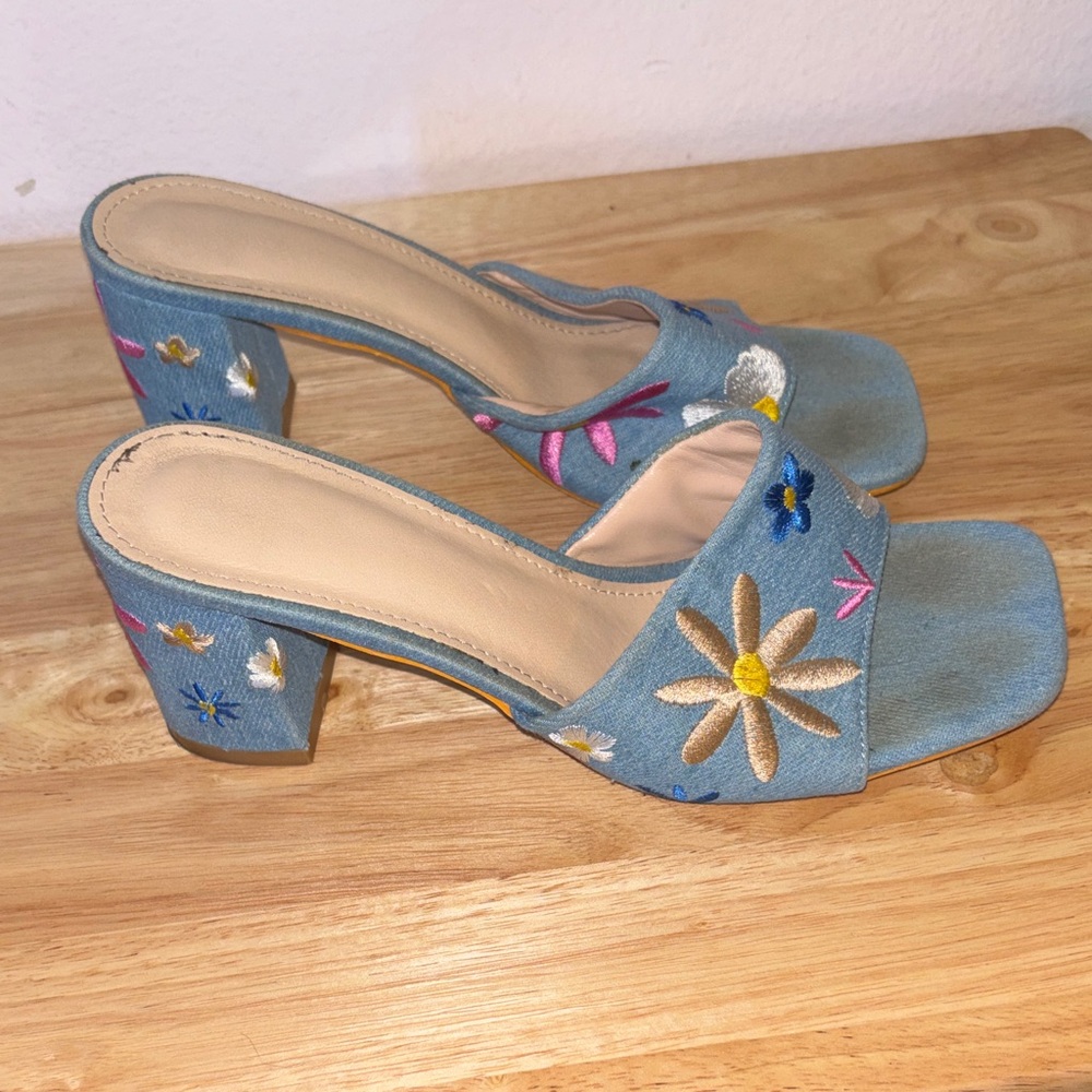 Blue Embroidered Floral Block Heel Mules 3” Heel